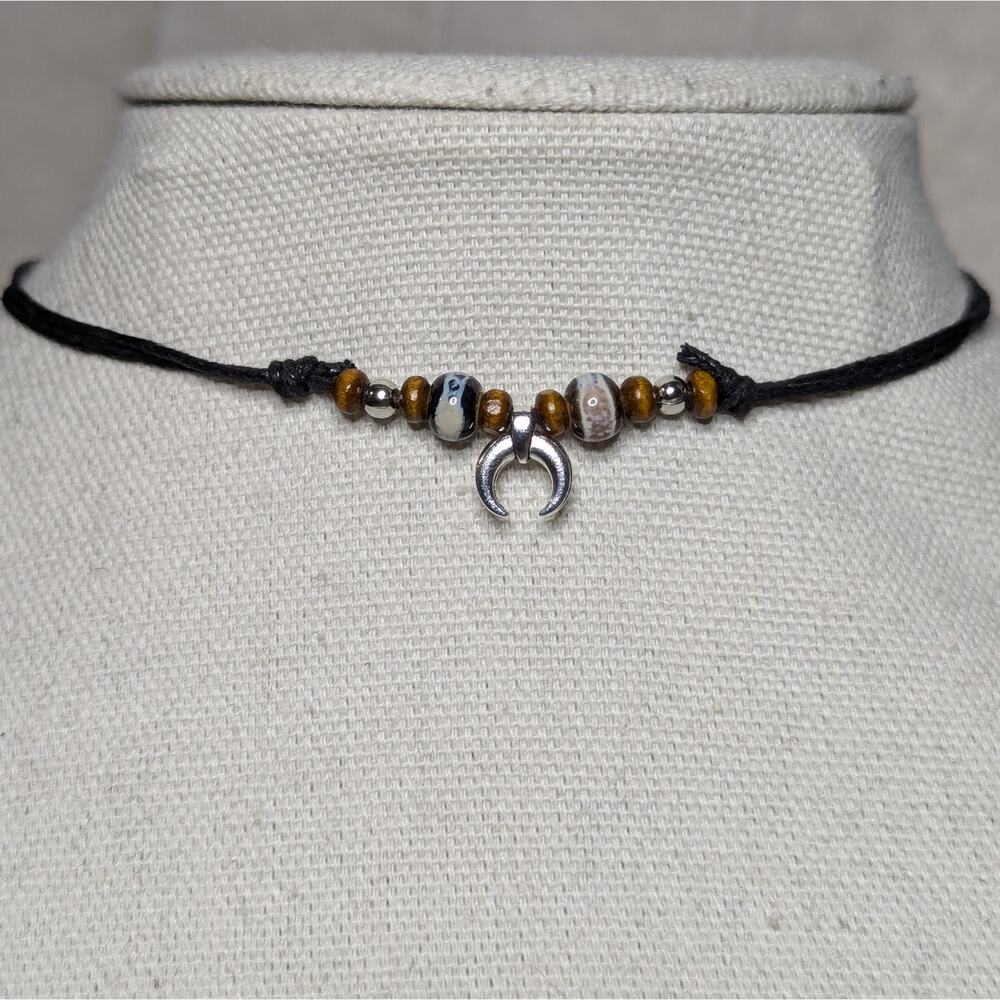 Tiny Crescent Moon Charm Brown Ceramic Wooden Bead Whimsical Y2K Choker Necklace